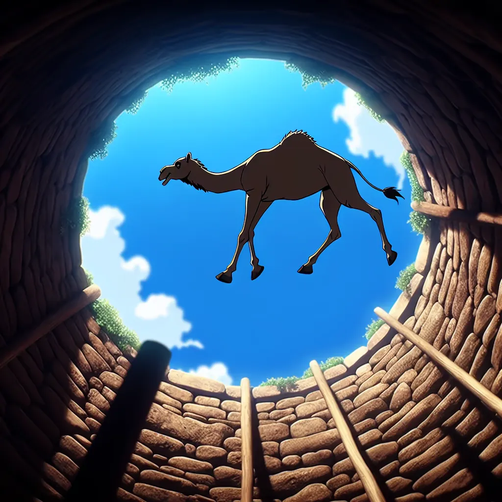 camel jumping into well